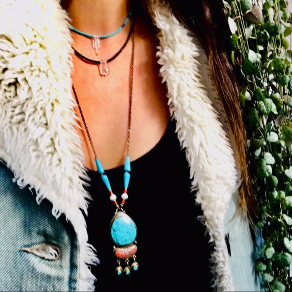 Handmade long necklace turquoise brass